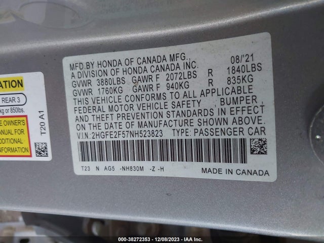 2022 HONDA CIVIC SPORT VIN: 2HGFE2F57NH523823