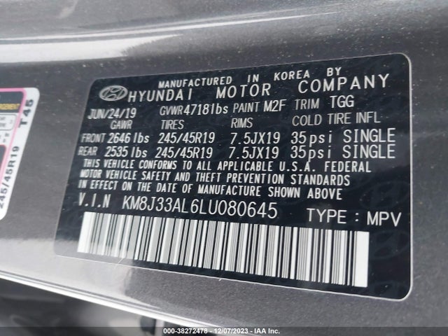 2020 HYUNDAI TUCSON SPORT VIN: KM8J33AL6LU080645