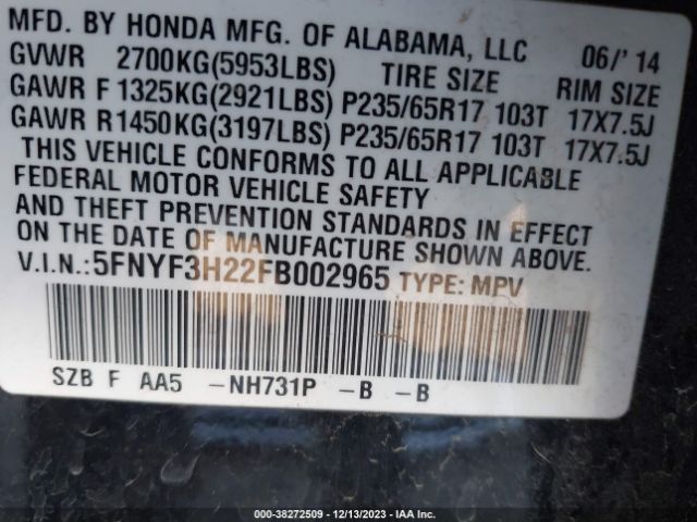 5FNYF3H22FB002965 Honda PILOT LX