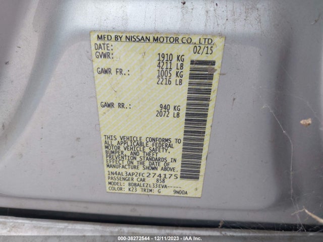 2015 NISSAN ALTIMA 2.5/2.5 S/2.5 SL/2.5 SV VIN: 1N4AL3AP2FC274175