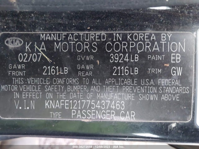 2007 KIA SPECTRA EX VIN: KNAFE121775437463