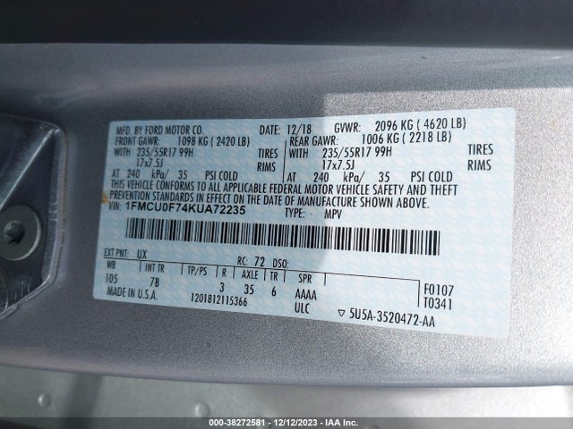 Ford ESCAPE S 2019 1FMCU0F74KUA72235 Image 9