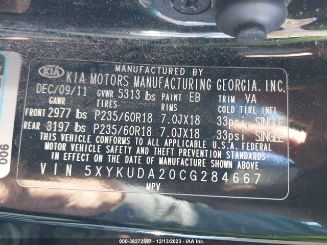 2012 KIA SORENTO EX V6 VIN: 5XYKUDA20CG284667