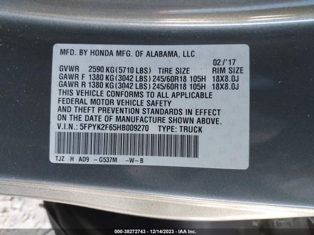 Honda Ridgeline Rtl-t 2017 5FPYK2F65HB009270 Image 9
