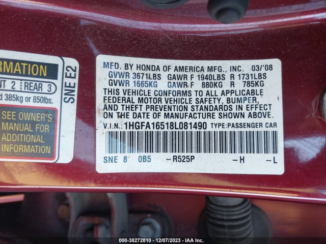 2008 HONDA CIVIC LX VIN: 1HGFA16518L081490