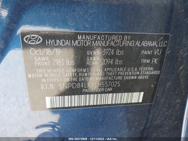2020 HYUNDAI ELANTRA SEL VIN: 5NPD84LF3LH557025