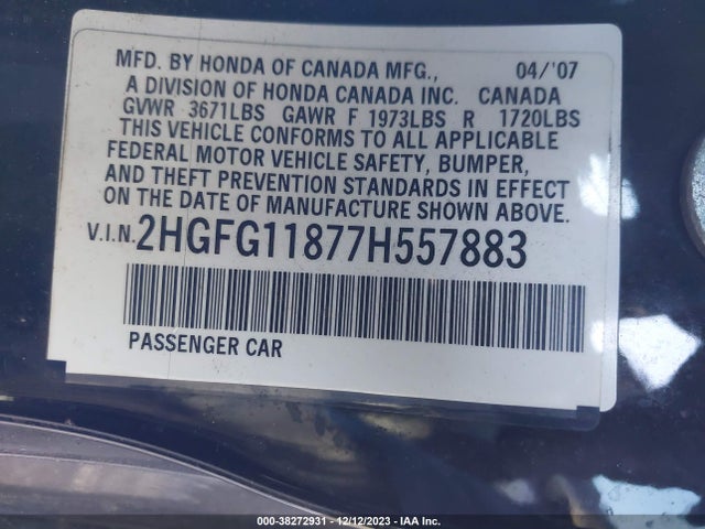 2007 HONDA CIVIC EX VIN: 2HGFG11877H557883