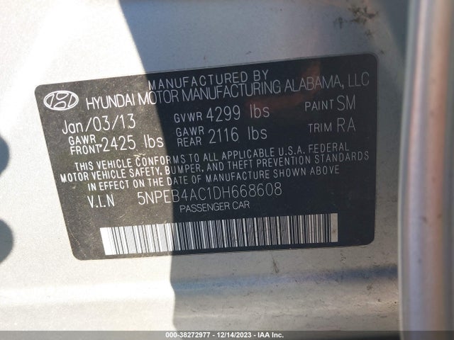 2013 Hyundai Sonata Gls Pzev მანქანა იყიდება აუქციონზე, vin: 5NPEB4AC1DH668608, აუქციონის ნომერი: 38272977