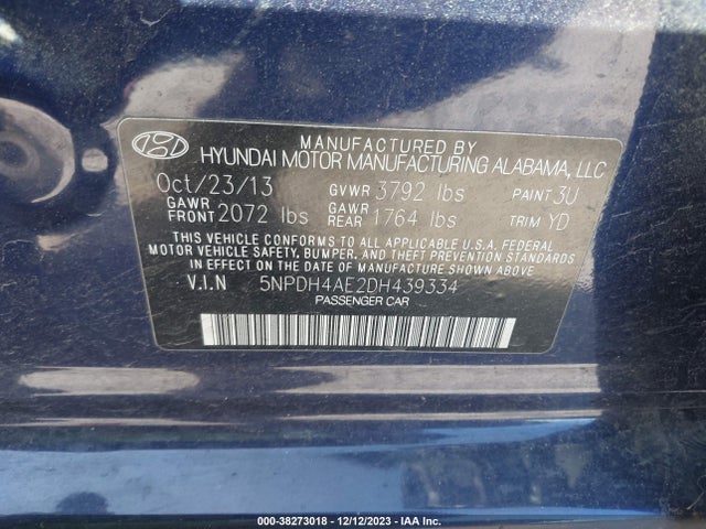 2013 HYUNDAI ELANTRA GLS VIN: 5NPDH4AE2DH439334