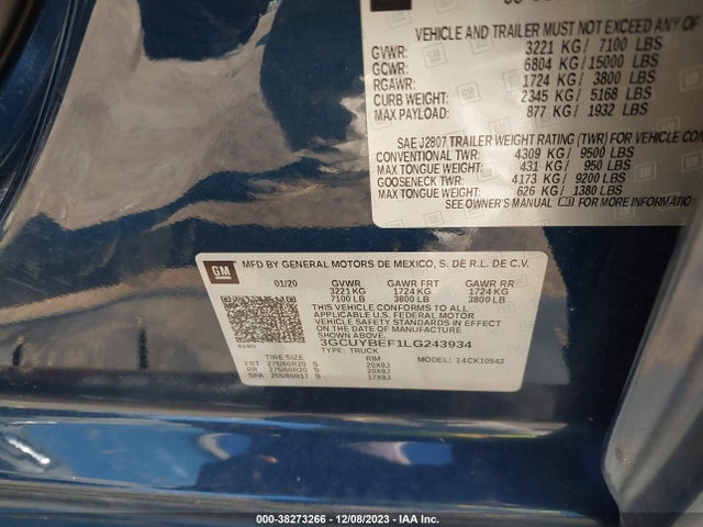 2020 CHEVROLET SILVERADO 1500 4WD SHORT BED CUSTOM VIN: 3GCUYBEF1LG243934
