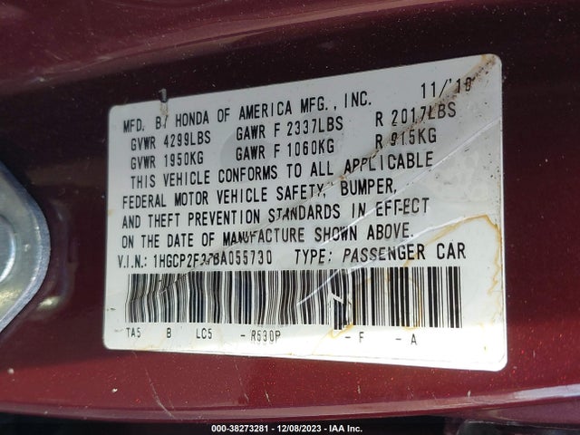 2011 HONDA ACCORD 2.4 LX VIN: 1HGCP2F37BA055730