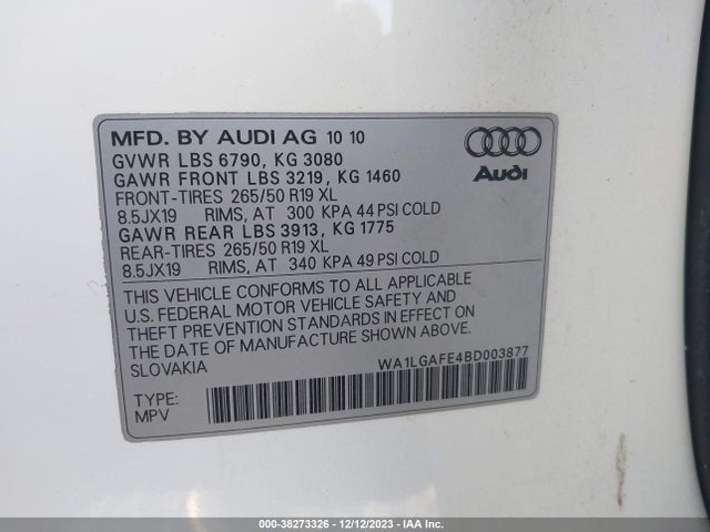 2011 AUDI Q7 3.0T PREMIUM VIN: WA1LGAFE4BD003877