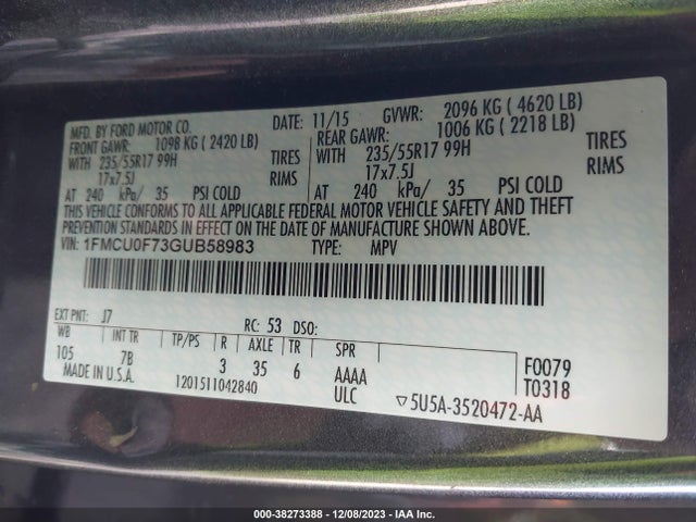 2016 FORD ESCAPE S VIN: 1FMCU0F73GUB58983