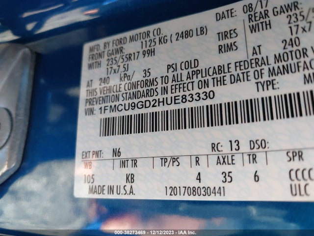 2017 FORD ESCAPE SE VIN: 1FMCU9GD2HUE83330