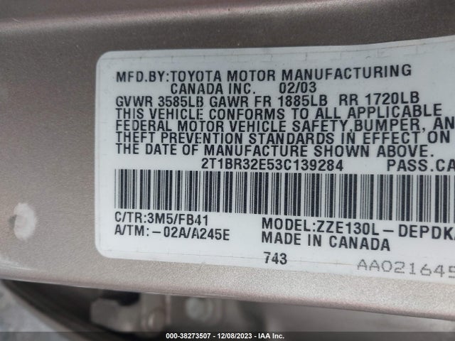2003 TOYOTA COROLLA CE VIN: 2T1BR32E53C139284