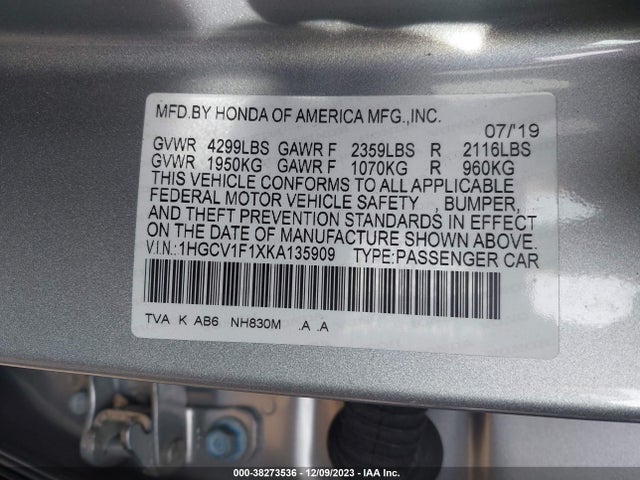 Honda ACCORD LX 2019 1HGCV1F1XKA135909 Image 9