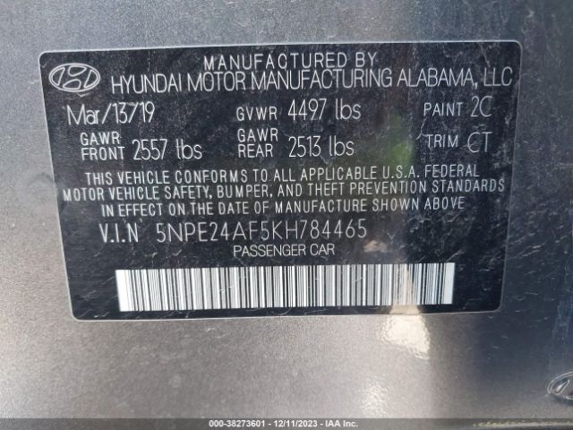 5NPE24AF5KH784465 Hyundai SONATA SE