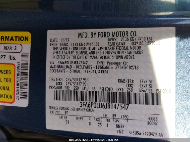 2018 FORD FUSION HYBRID 3FA6P0LU6JR147547 Photo 8