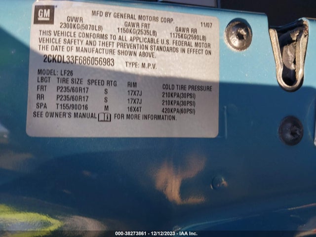 2008 PONTIAC TORRENT VIN: 2CKDL33F686056983