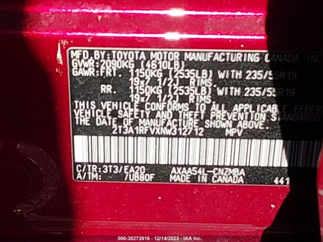 2T3A1RFVXNW312712 Toyota Rav4 Xle Premium