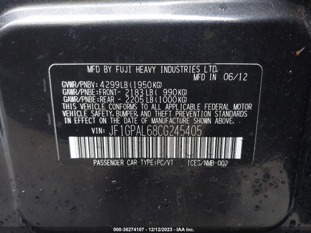 2012 SUBARU IMPREZA 2.0I SPORT PREMIUM VIN: JF1GPAL68CG245405