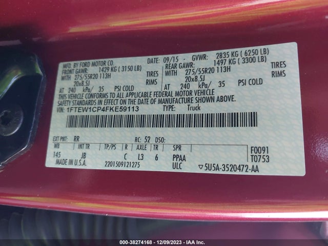 2015 FORD F-150 XLT VIN: 1FTEW1CP4FKE59113