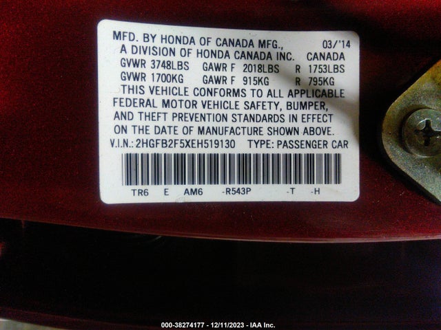 Honda Civic Lx 2014 2HGFB2F5XEH519130 Image 9