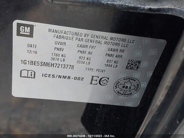 Chevrolet CRUZE LT 2017 1G1BE5SM6H7213778 Image 9