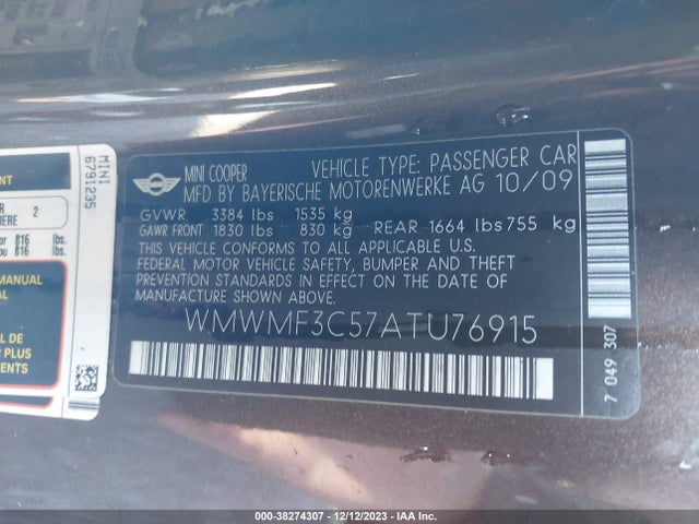 2010 MINI COOPER WMWMF3C57ATU76915 Photo 8