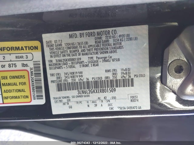 2014 LINCOLN MKZ VIN: 3LN6L2GKXER801509