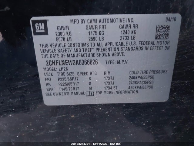 2010 CHEVROLET EQUINOX LT W/2LT VIN: 2CNFLNEW3A6366826