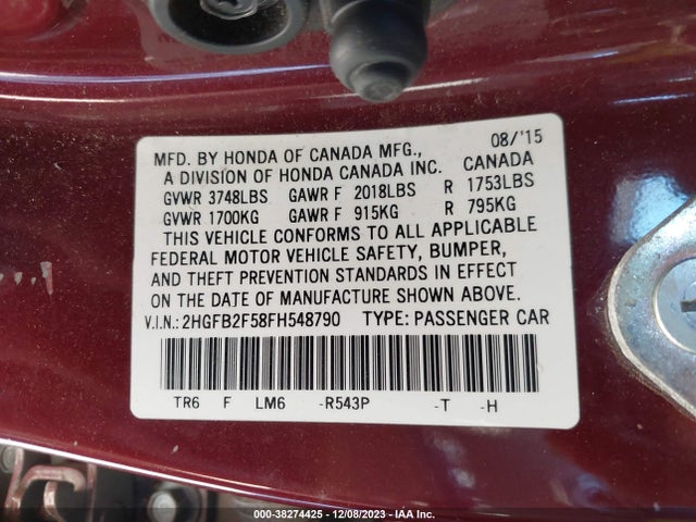 Honda Civic Lx 2015 2HGFB2F58FH548790 Image 9