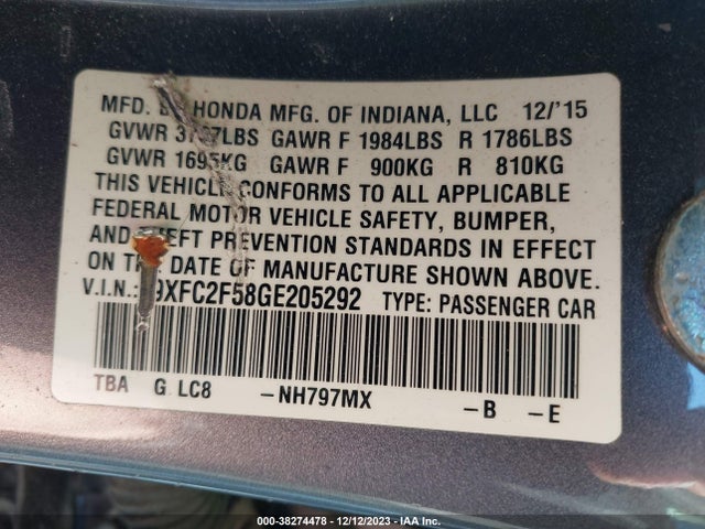 Honda Civic Lx 2016 19XFC2F58GE205292 Image 9