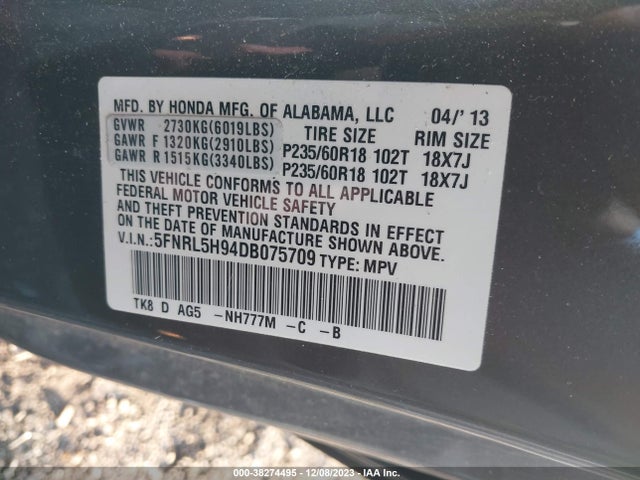 2013 HONDA ODYSSEY TOURING/TOURING ELITE VIN: 5FNRL5H94DB075709