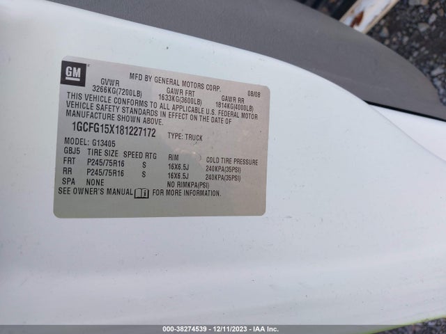 2008 CHEVROLET EXPRESS CARGO VAN WORK VAN VIN: 1GCFG15X181227172