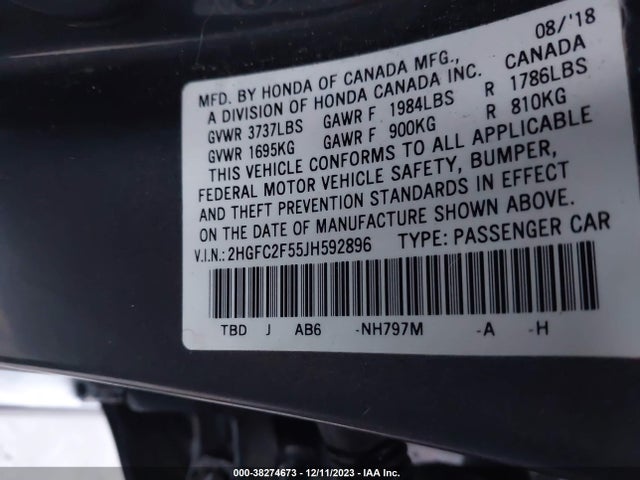 Honda Civic Lx 2018 2HGFC2F55JH592896 Image 9