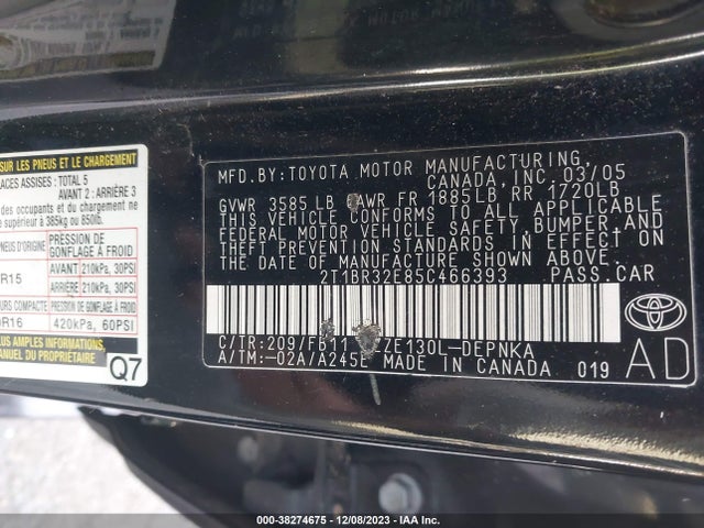2005 TOYOTA COROLLA LE VIN: 2T1BR32E85C466393