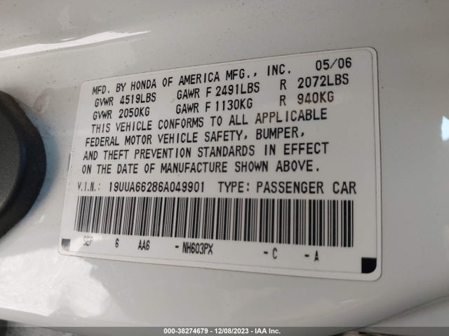 2006 ACURA TL VIN: 19UUA66286A049901