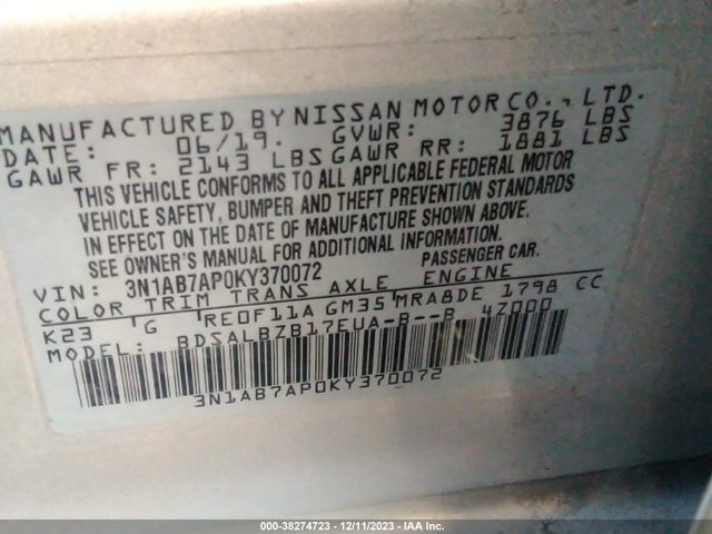 2019 NISSAN SENTRA S VIN: 3N1AB7AP0KY370072