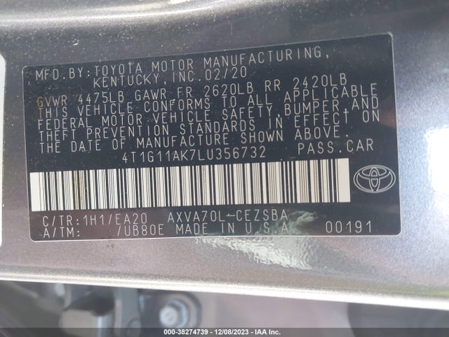 Toyota CAMRY SE 2020 4T1G11AK7LU356732 Image 9