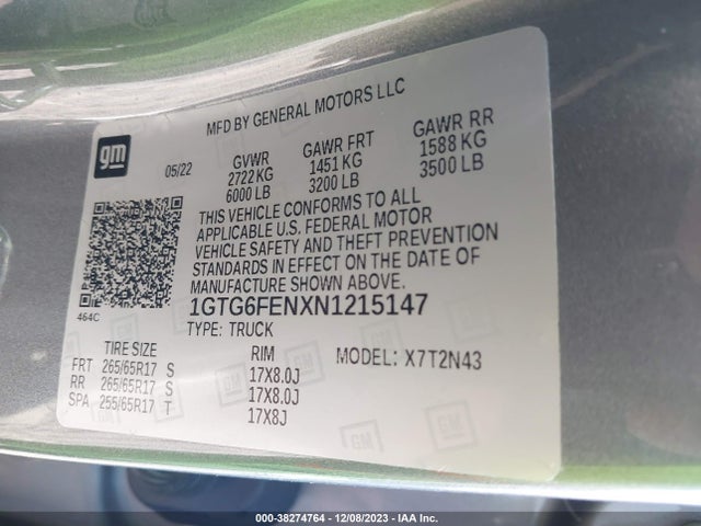 2022 GMC CANYON 4WD SHORT BOX AT4 - CLOTH VIN: 1GTG6FENXN1215147