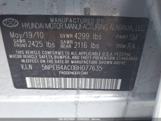 2011 HYUNDAI SONATA GLS VIN: 5NPEB4AC0BH077635