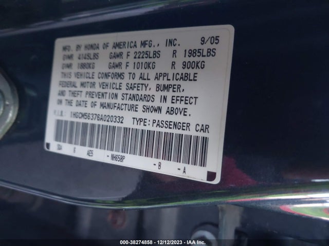 2006 HONDA ACCORD 2.4 SE VIN: 1HGCM56376A020332