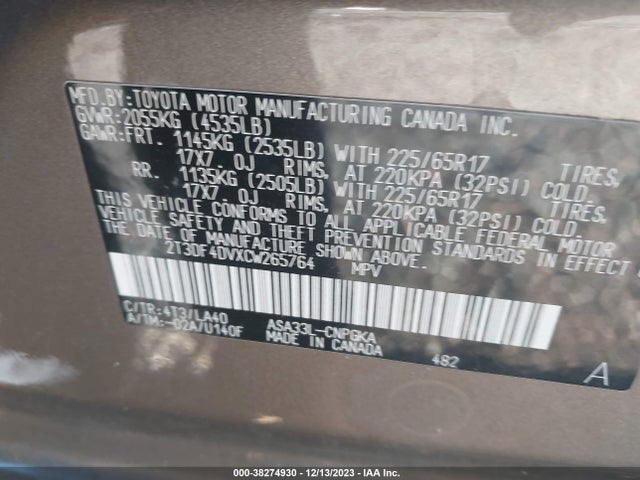 2012 TOYOTA RAV4 LIMITED VIN: 2T3DF4DVXCW265764