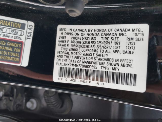 2HKRM4H77GH600595 Honda Cr-v Ex-l