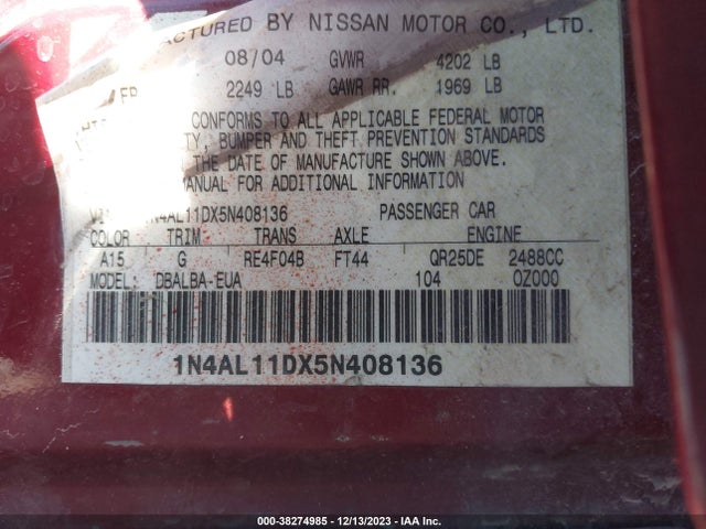 2005 NISSAN ALTIMA 2.5 S VIN: 1N4AL11DX5N408136