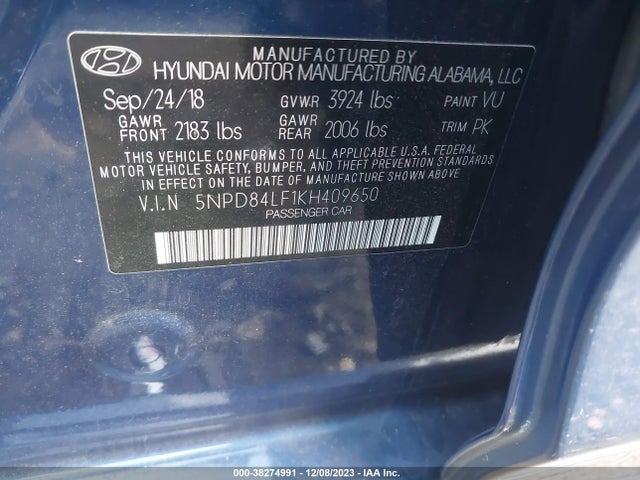 2019 HYUNDAI ELANTRA VALUE EDITION VIN: 5NPD84LF1KH409650