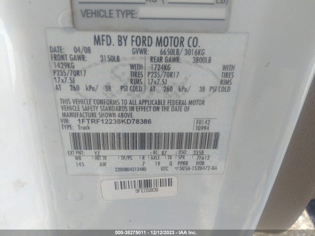 Aukcja sprzedaży 2008 Ford F-150 Stx/xl/xlt, vin: 1FTRF12238KD78386, numer aukcji: 38275011