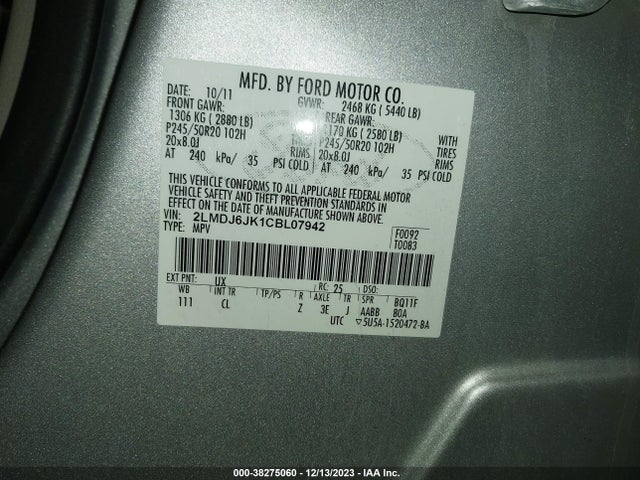 2012 LINCOLN MKX VIN: 2LMDJ6JK1CBL07942