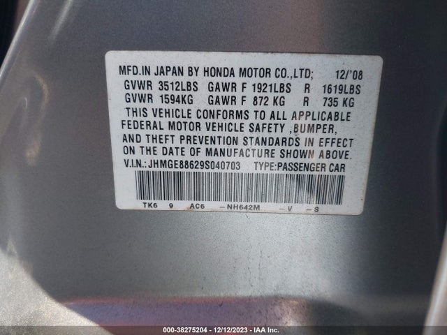 Продаж на аукціоні авто 2009 Honda Fit Sport, vin: JHMGE88629S040703, номер лоту: 38275204